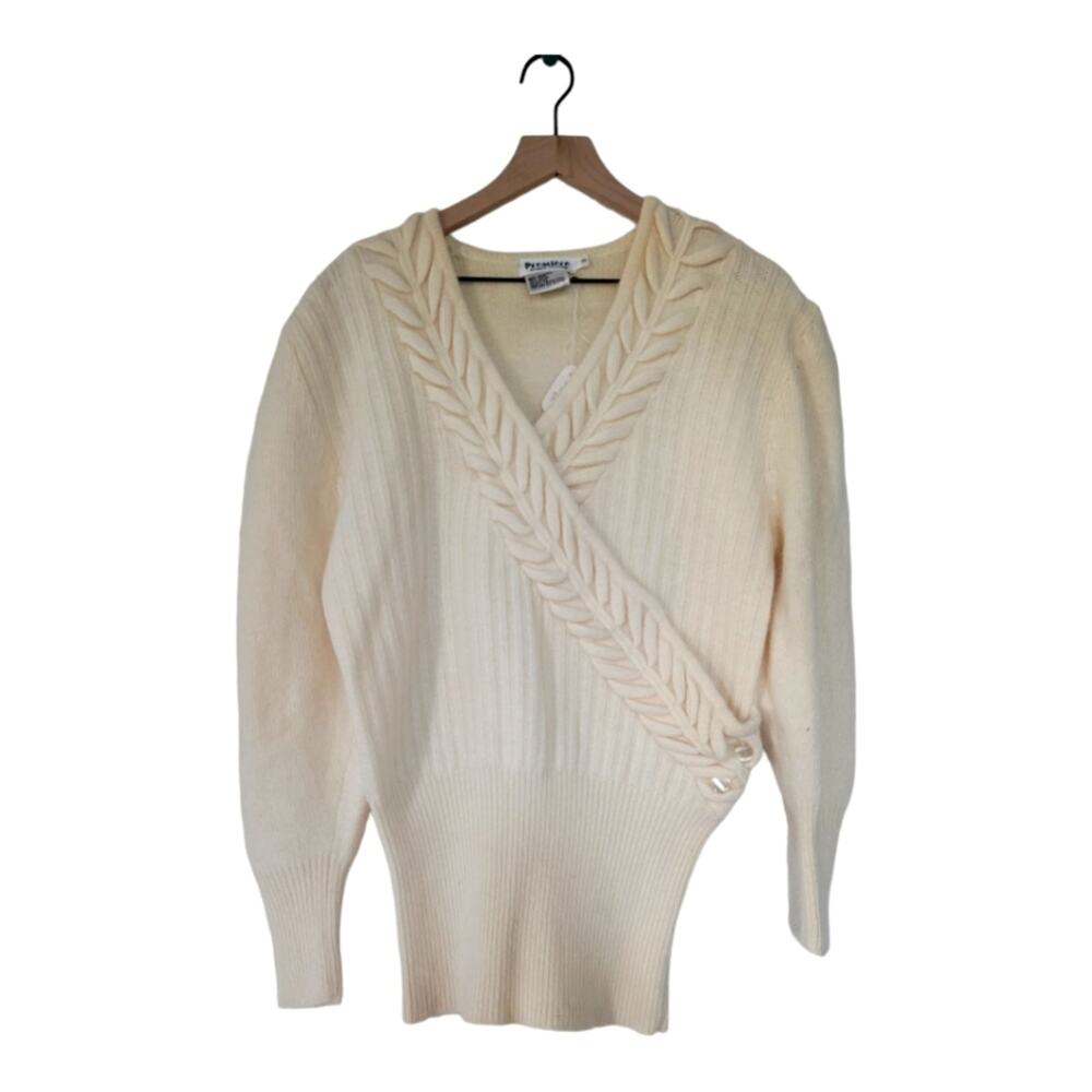 NWT Vintage Angora Wool 1980's V-Neck Sweater Size Small Cream Braided